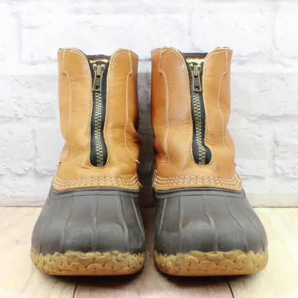 LL Bean Brown Leather Front Zip Waterproof Insulated Ankle Duck Boots Size 9 - Picture 4 of 10